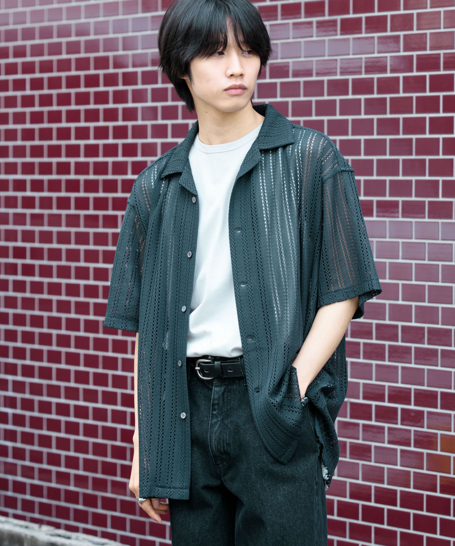 『UNISEX』蕾絲開領短袖襯衫