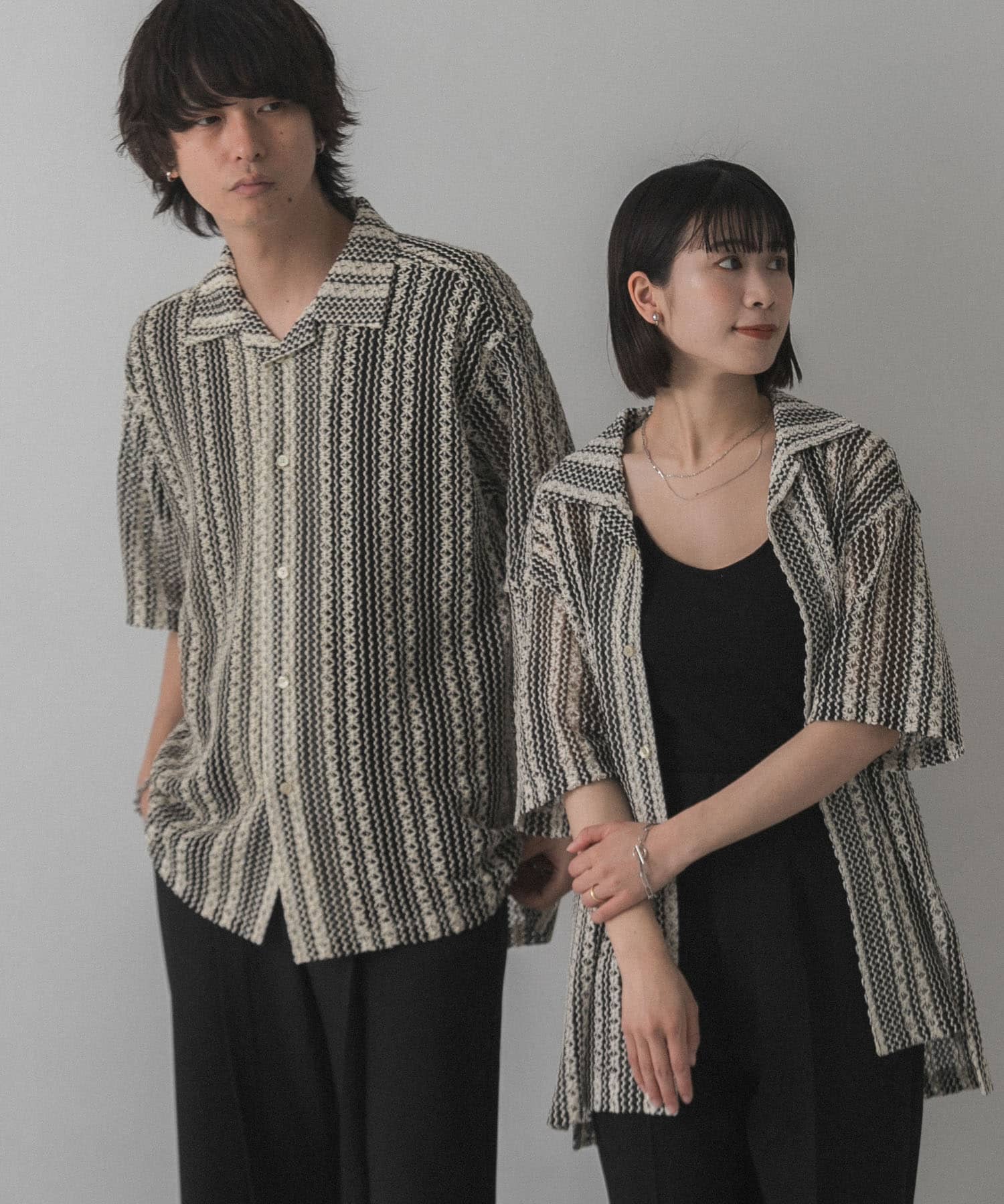 『UNISEX』蕾絲開領短袖襯衫