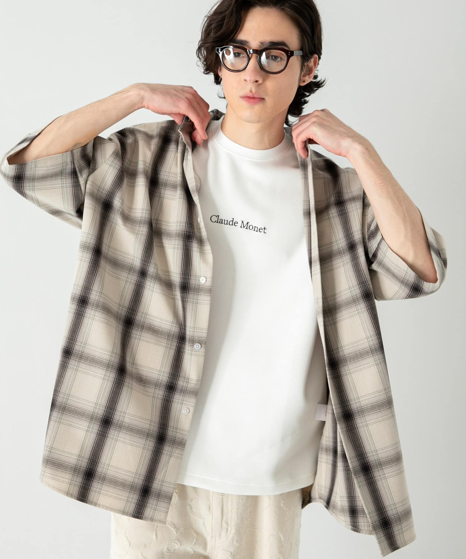 『UNISEX』寬鬆落肩短袖襯衫