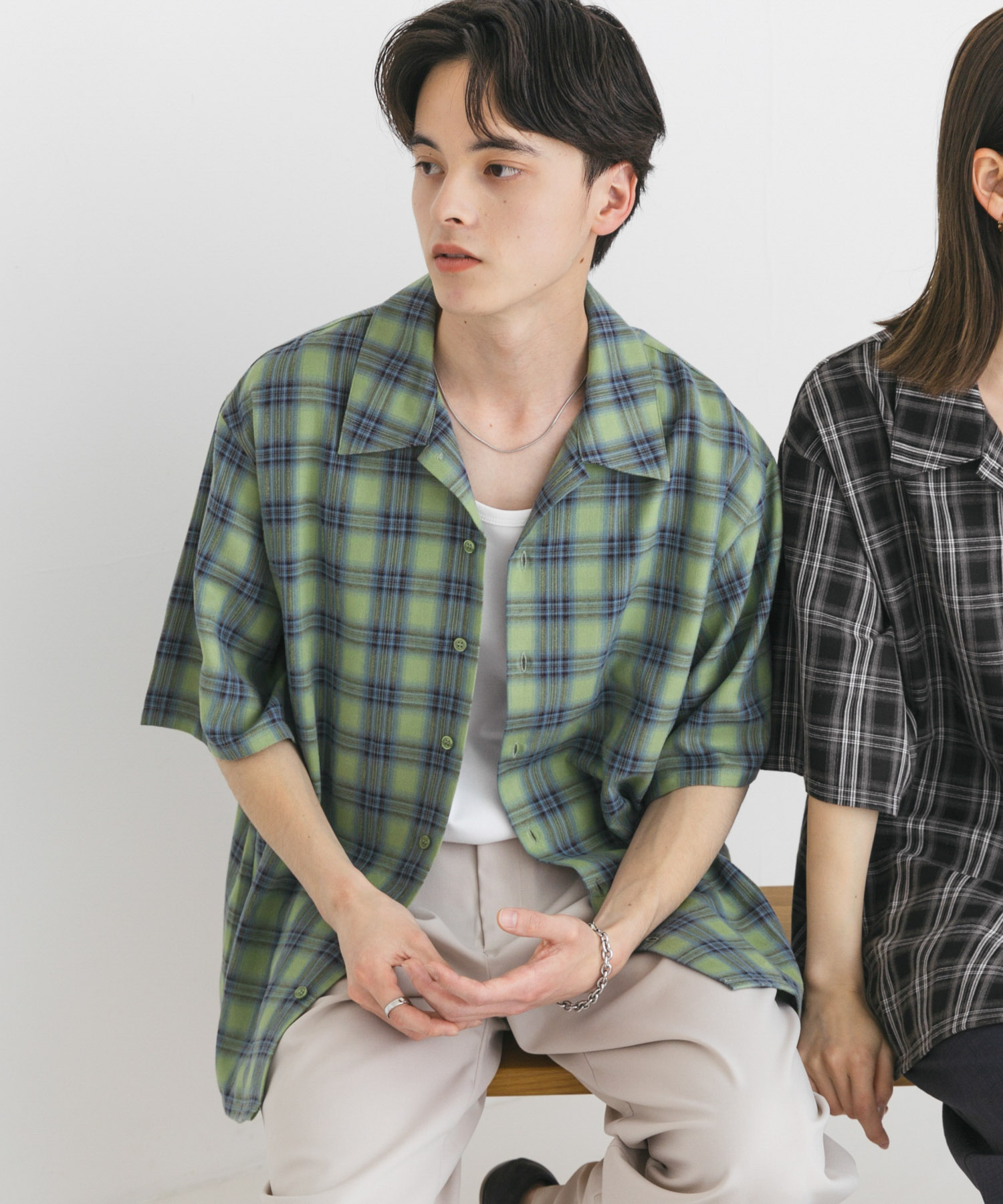 『UNISEX』漸層格紋短袖襯衫