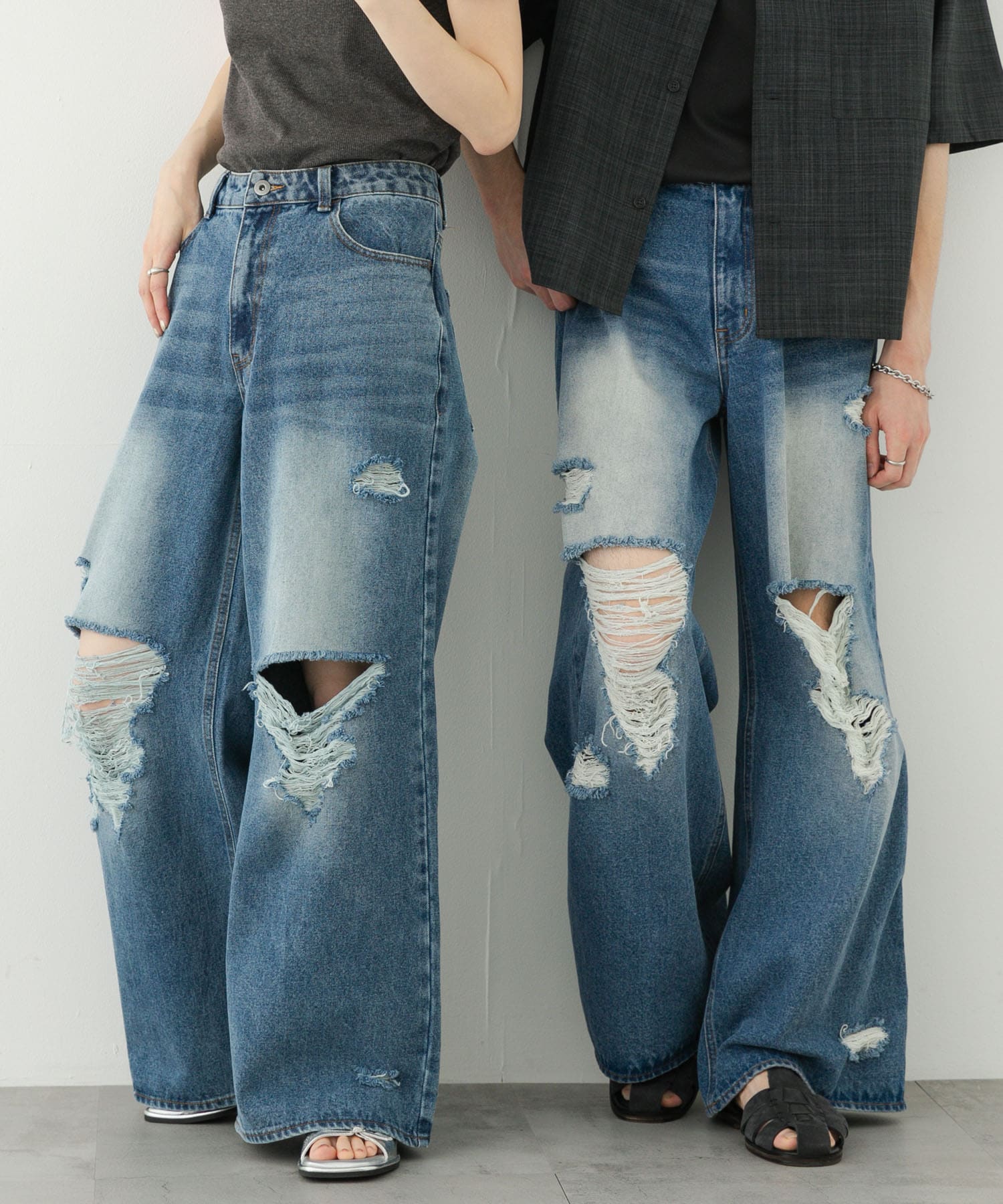 『UNISEX』<br>刷破設計丹寧寬褲