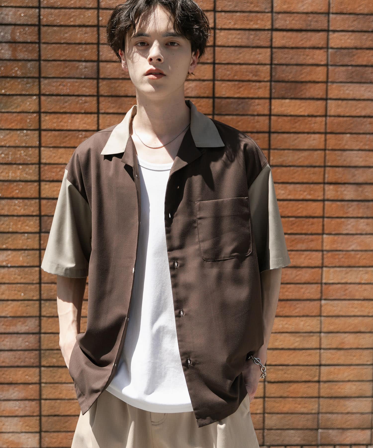 撞色開領短袖襯衫