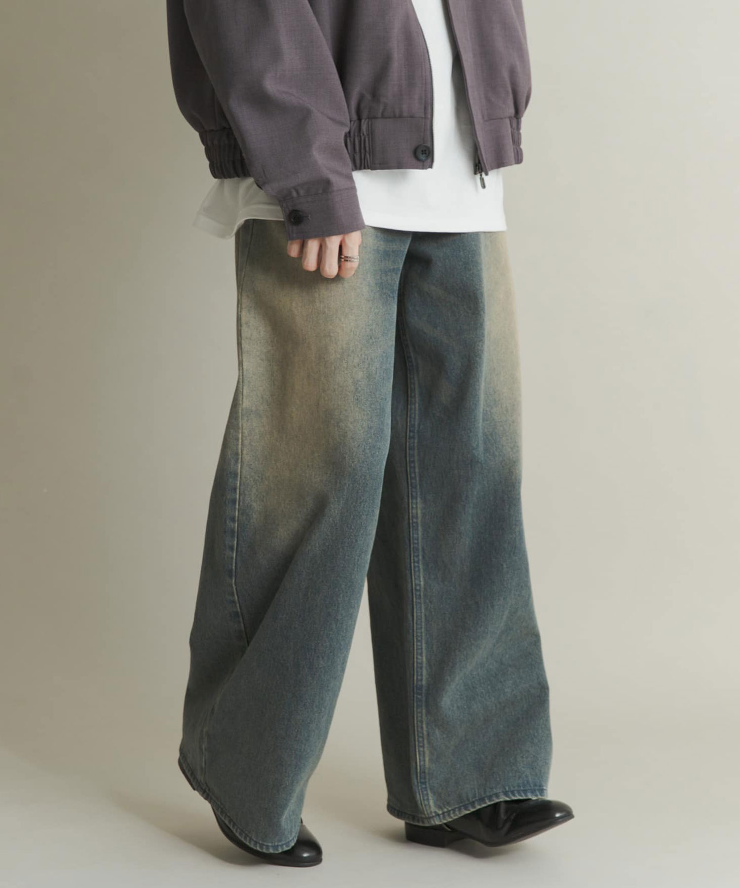 仿舊刷色<br>寬版丹寧褲