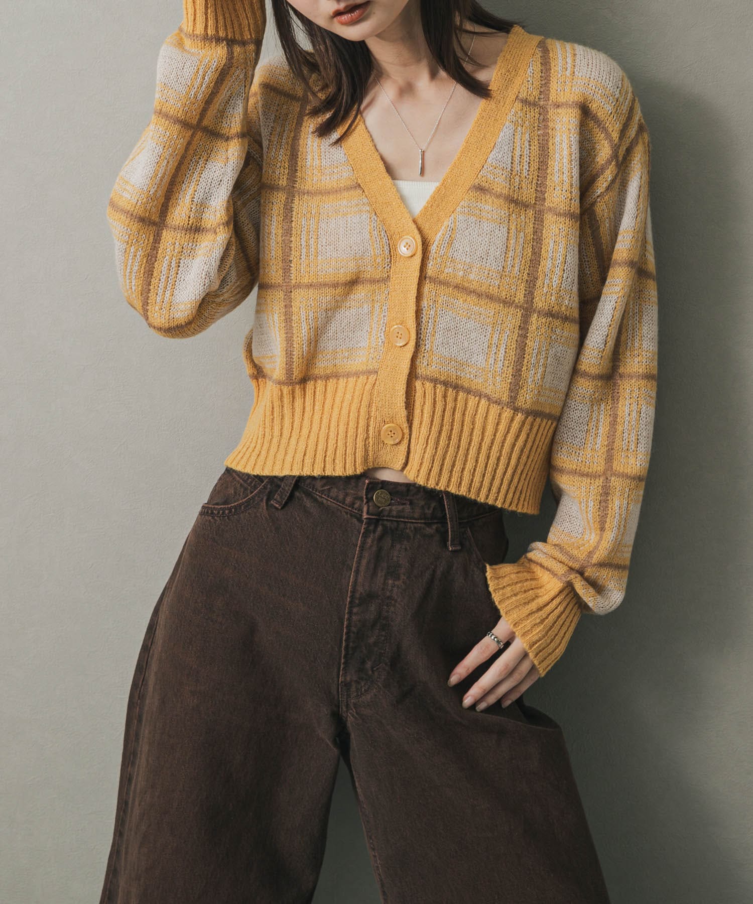 毛海格紋短版開襟衫