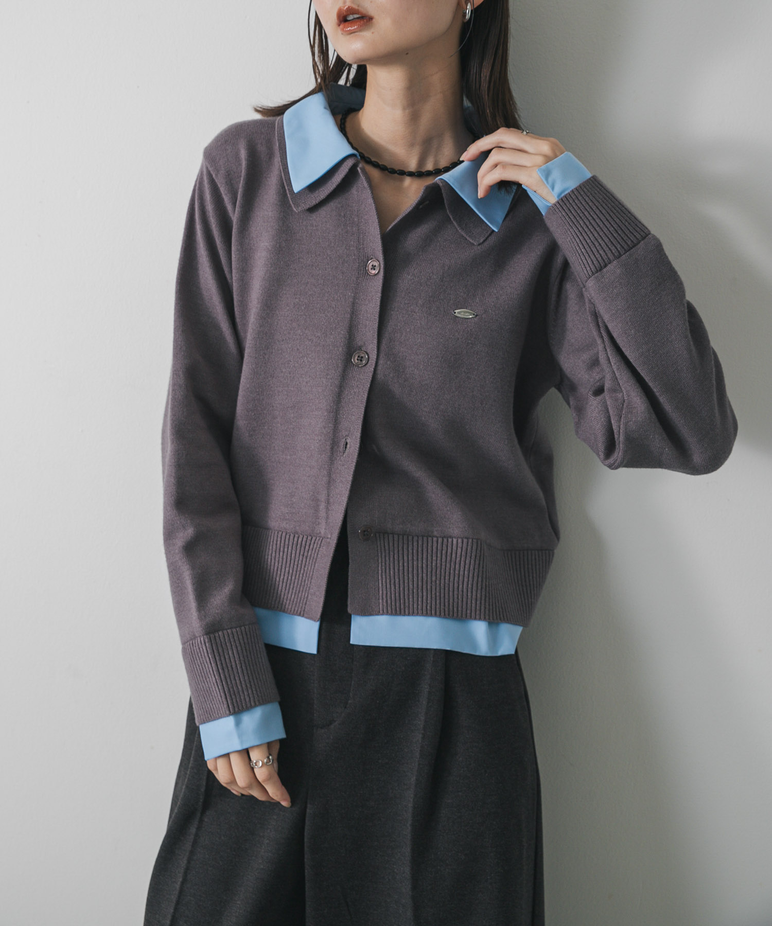 假2件式襯衫拼接針織開襟衫