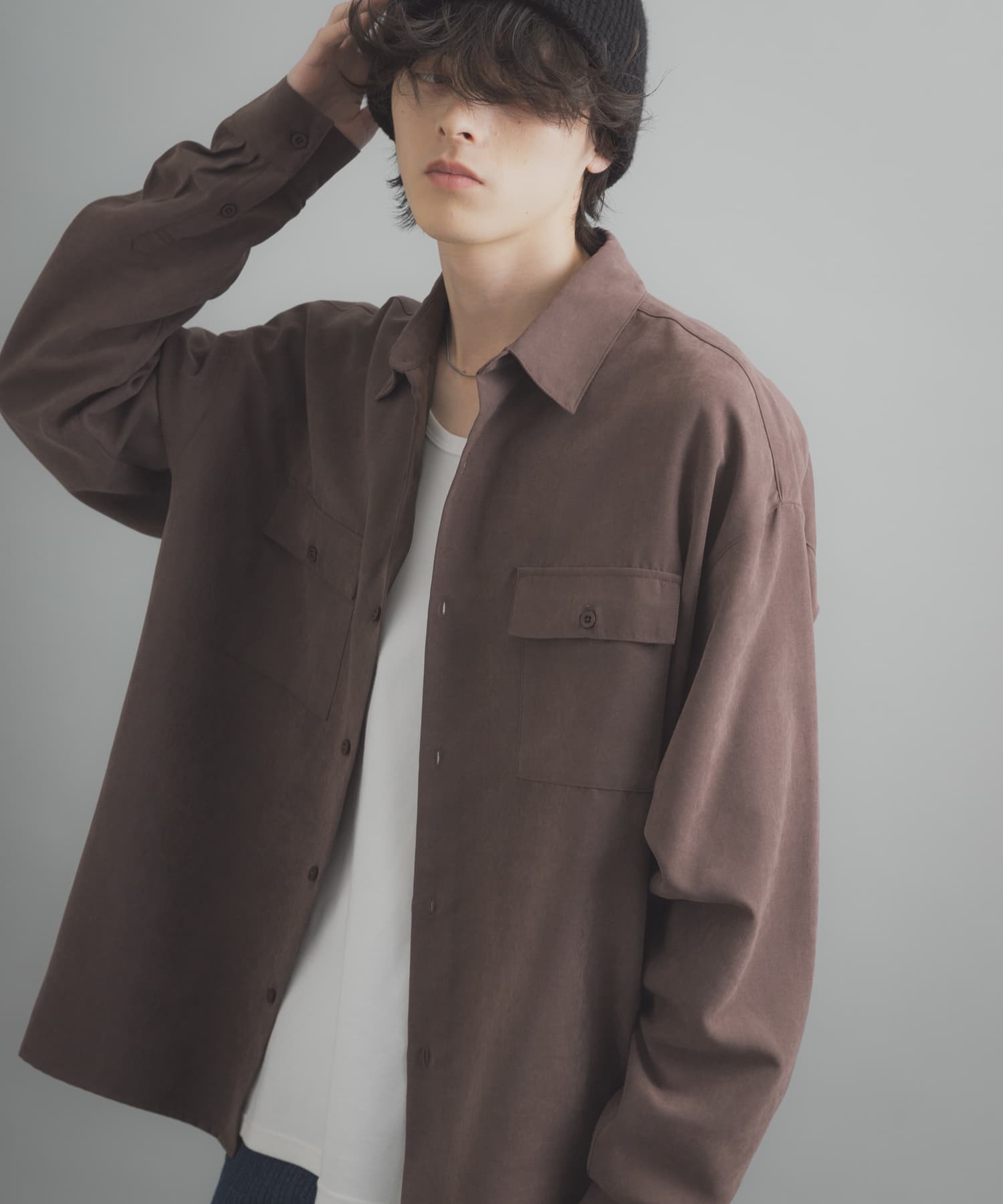 仿麂皮雙口袋長袖襯衫